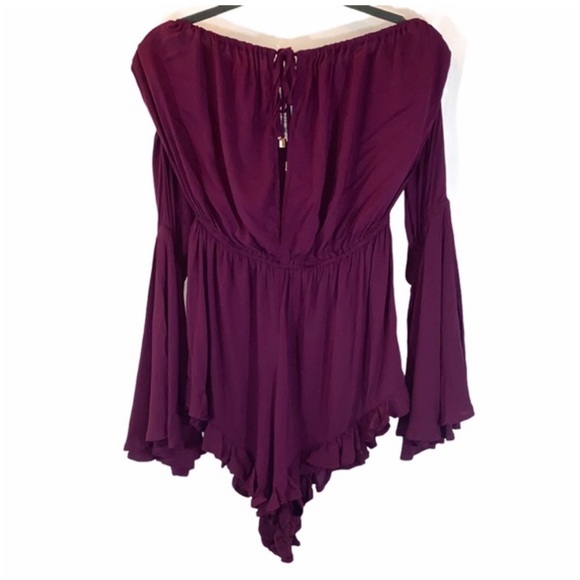 Radio Fiji Burgundy BOHO Off Shoulder Sokally Romper - Picture 6 of 13